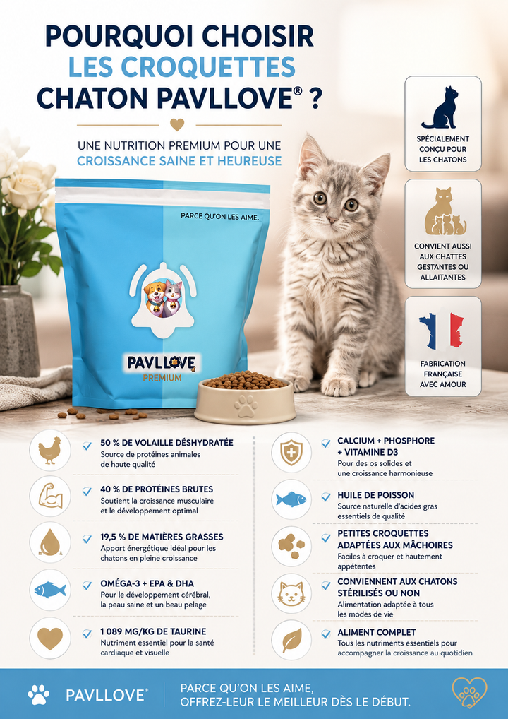 Croquettes pour chaton fabriquées en France à la volaille riches en protéines PAVLLOVE