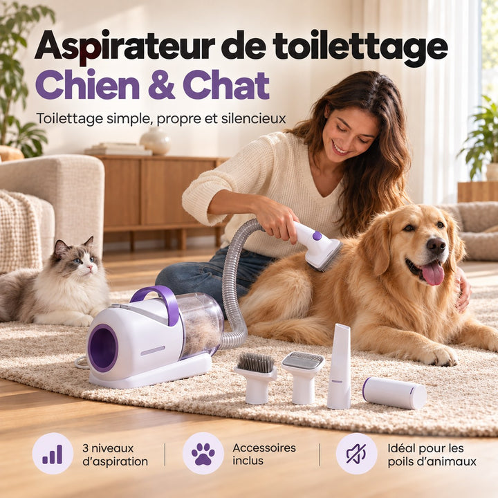 Aspirateur brosse pour chien et chat 4-en-1 PAVLLOVE avec accessoires de toilettage et système d'aspiration des poils morts