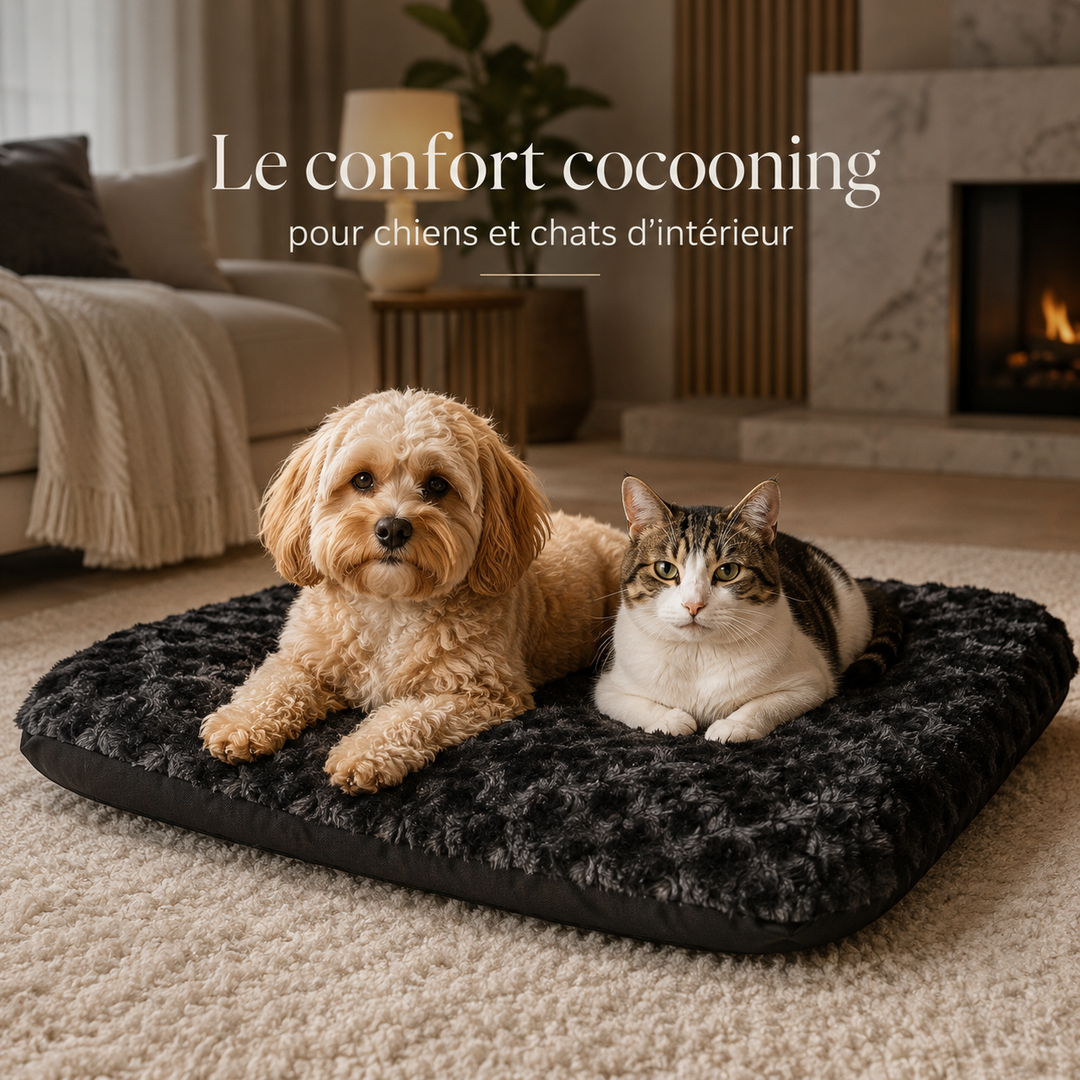 Coussin noir moelleux pour petit chien et chat Pavllove dans un intérieur moderne