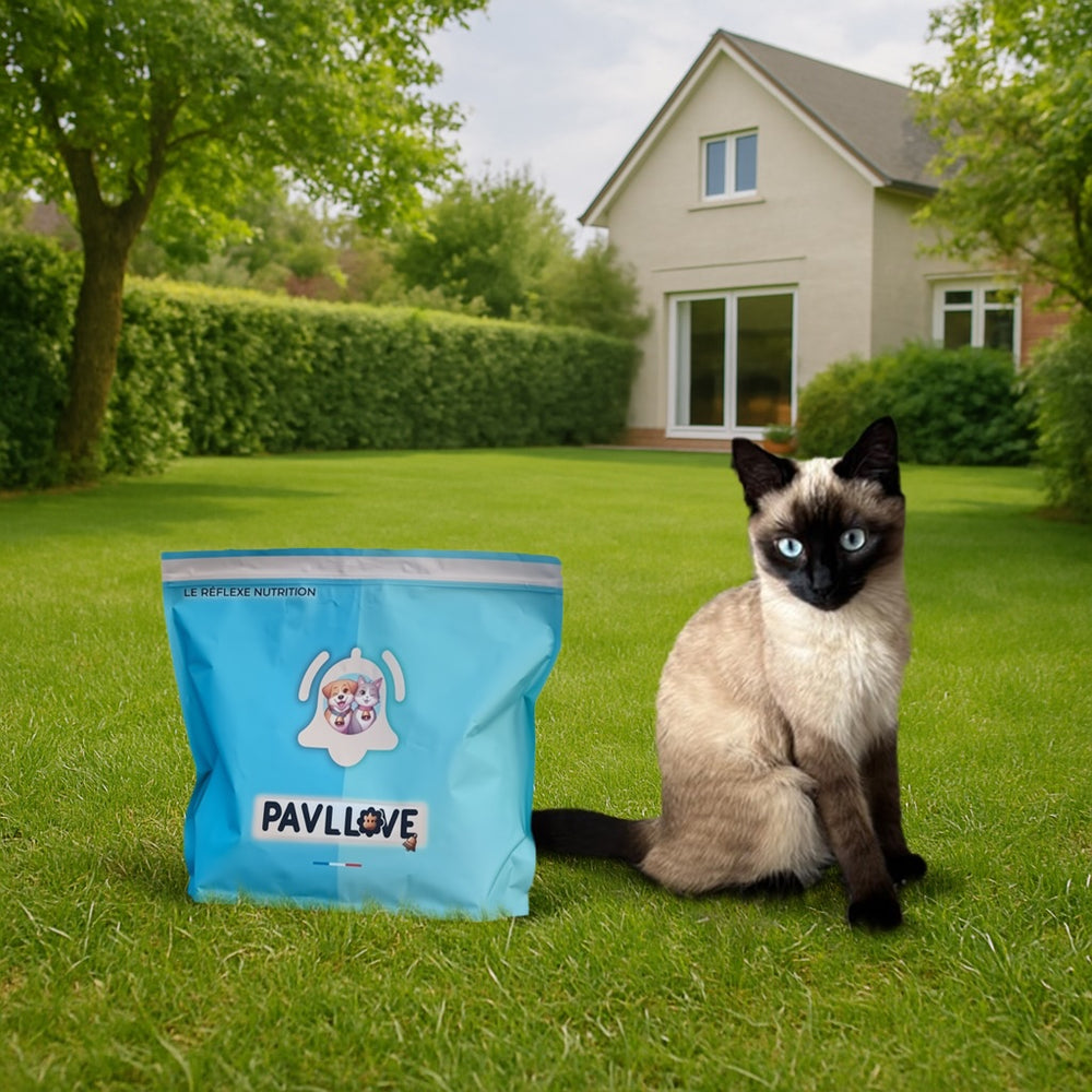 Sac de croquettes Pavllove pour chat adulte et senior – au saumon français, naturelles, riches en oméga 3 et protéines, 100 % fabrication française.