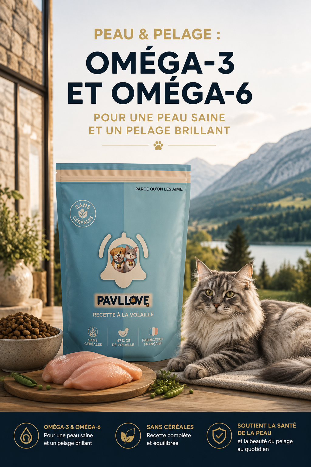 Alimentation complète premium pour chat adulte sans céréales riche en protéines de volaille