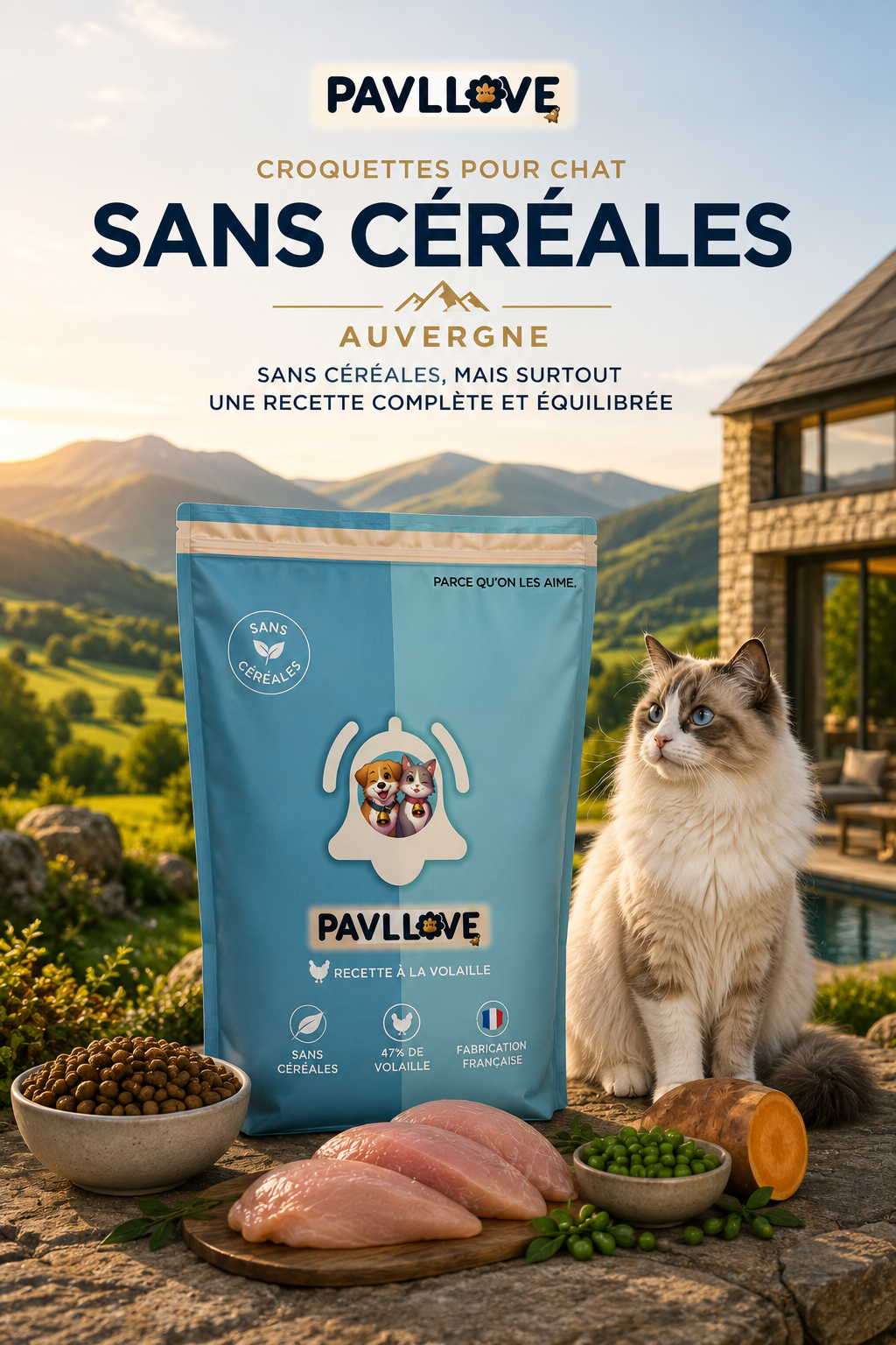 Croquettes pour chat riches en protéines animales avec 47 % de volaille et sans céréales