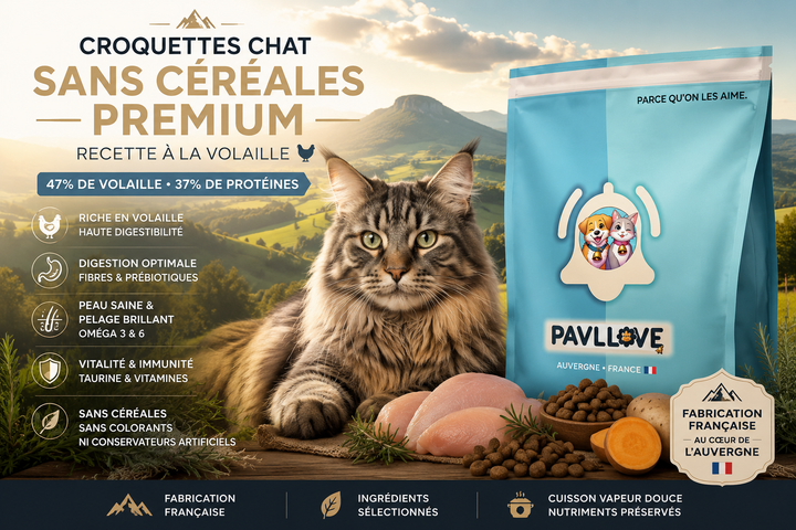Croquettes premium françaises sans céréales pour chat adulte stérilisé ou non