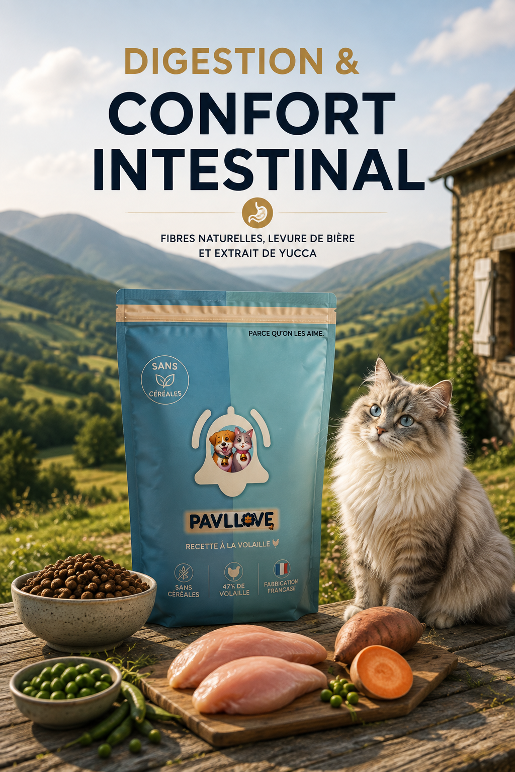 Croquettes haut de gamme pour chat adulte sans céréales à la volaille fabriquées en France