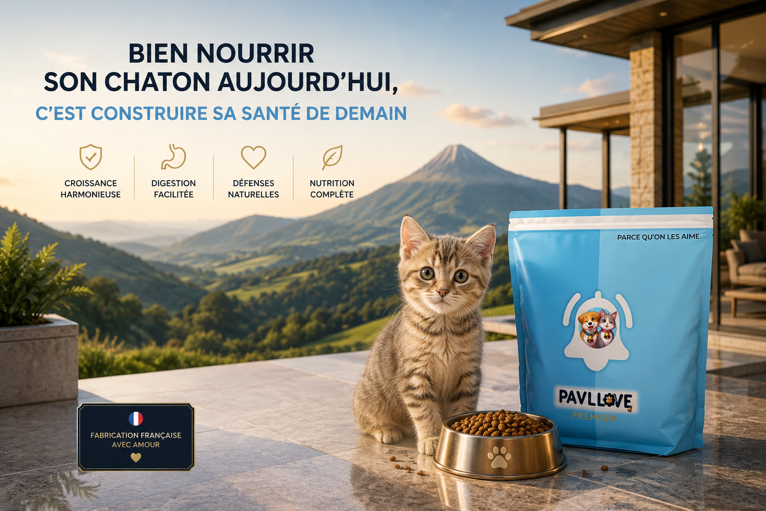 Alimentation premium pour chaton à la volaille avec calcium phosphore vitamine D3 et taurine