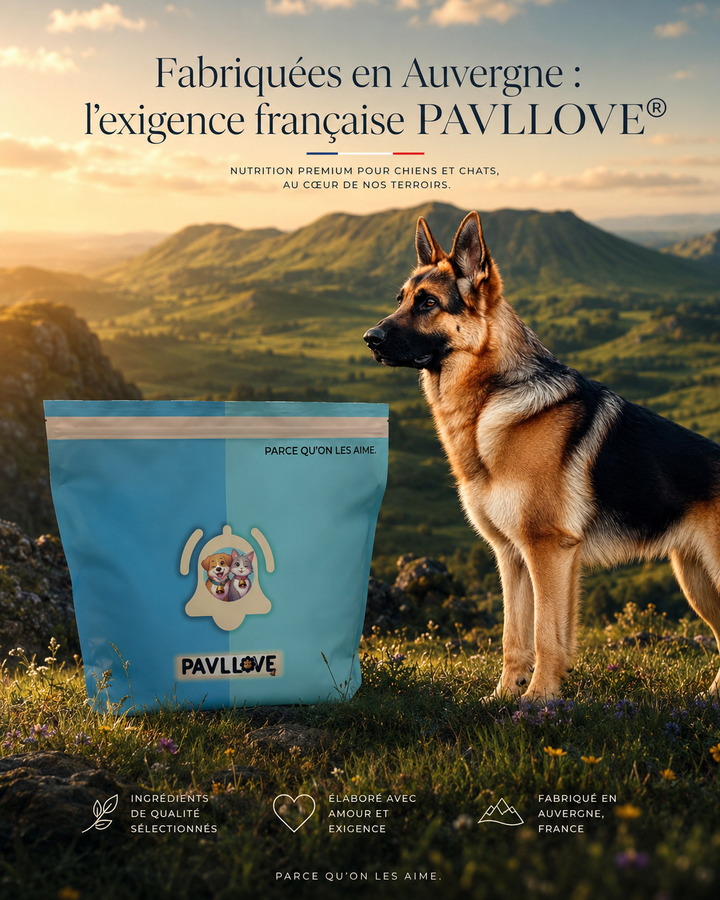 Chien adulte devant un sac de croquettes Pavllove fabriquées en Auvergne