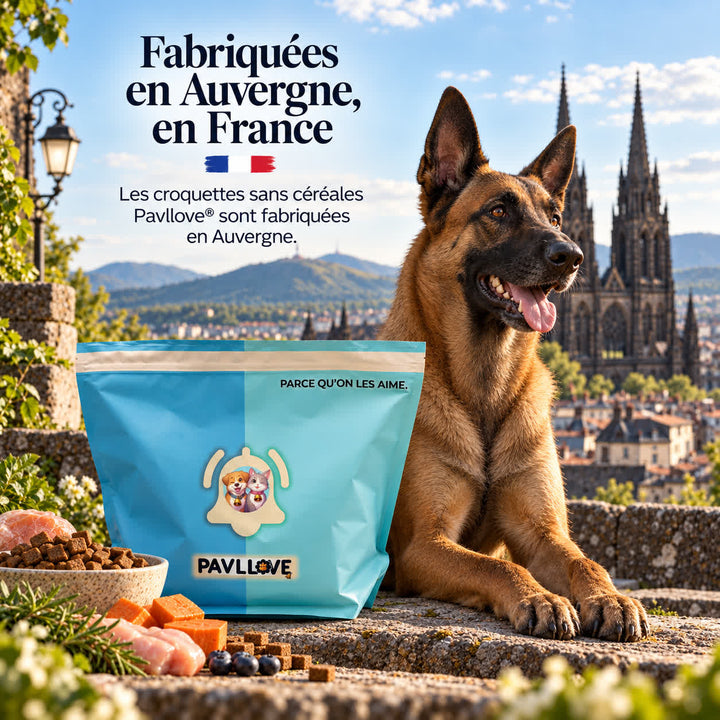 Croquettes françaises pour chien adulte sans céréales fabriquées en Auvergne par Pavllove