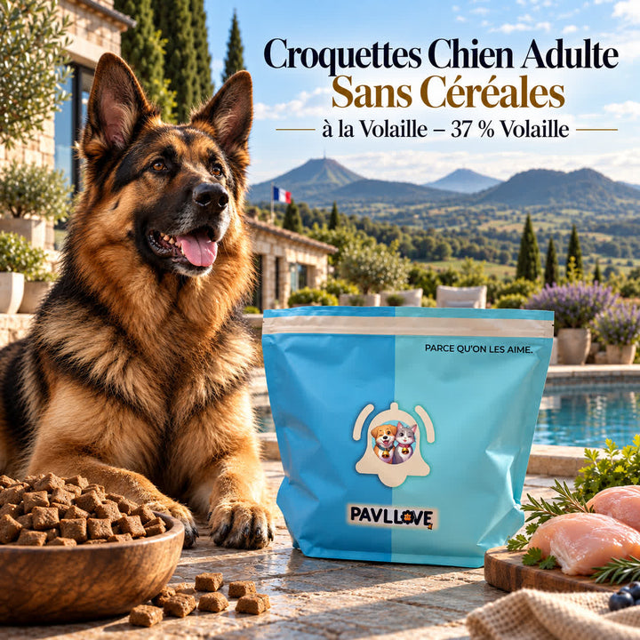 Croquettes chien à la volaille avec patate douce pois chicorée et levure de bière