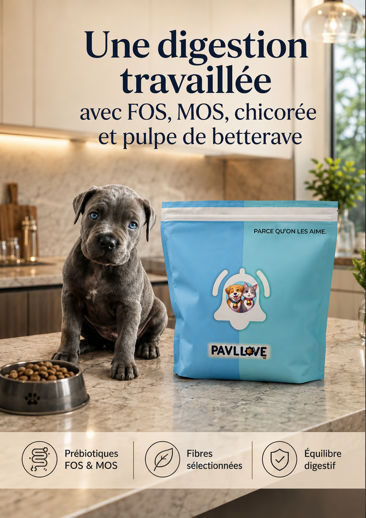 Croquettes chiot premium à la volaille Pavllove pour moyennes et grandes races de 4 à 18 mois, fabriquées en Auvergne