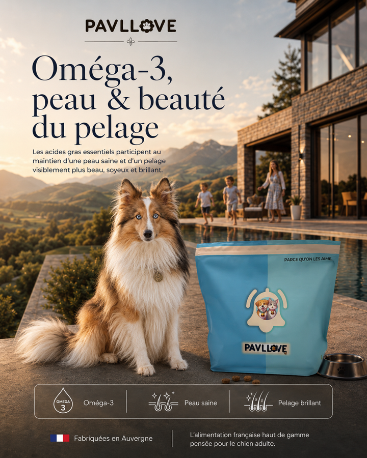 Croquettes premium pour chien adulte dans un décor naturel d’Auvergne