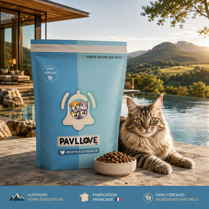 Sac de croquettes françaises PAVLLOVE sans céréales pour chat adulte, recette à la volaille