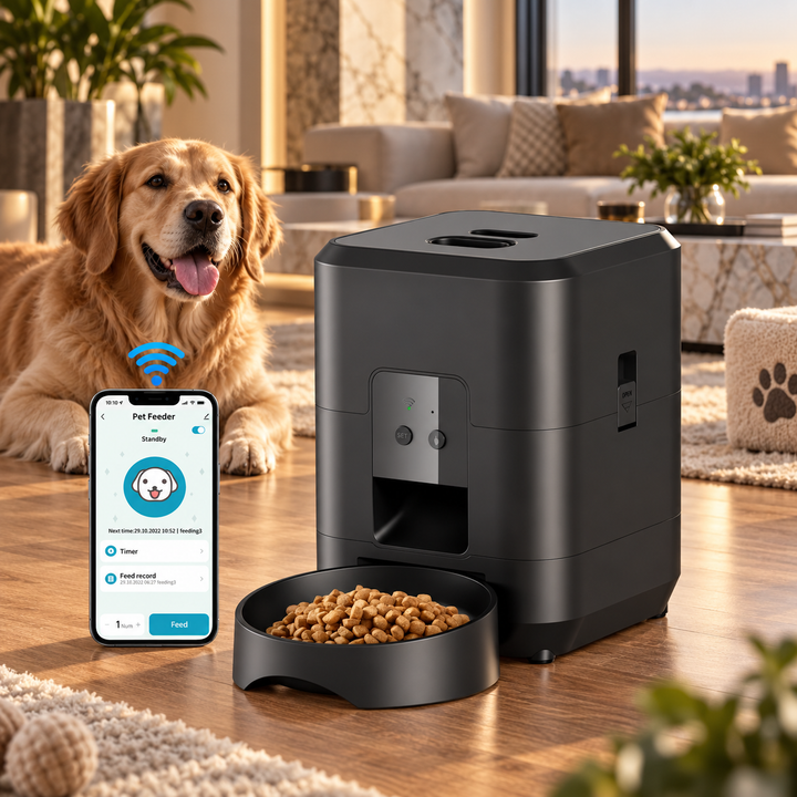 Distributeur de croquettes WiFi Pavllove avec réservoir 2 litres et bol intégré