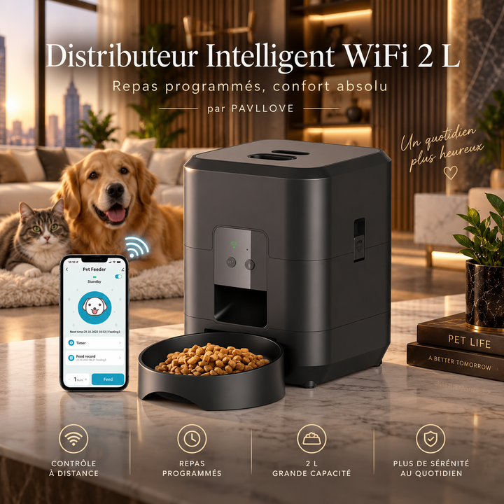 Distributeur intelligent pour petit chien avec contrôle WiFi depuis smartphone