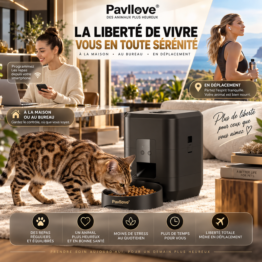 Distributeur croquettes connecté avec couvercle sécurisé et alimentation de secours