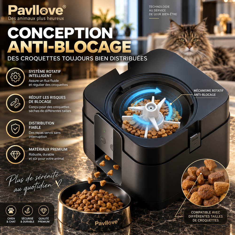 Distributeur automatique de nourriture pour chien et chat dans un intérieur premium