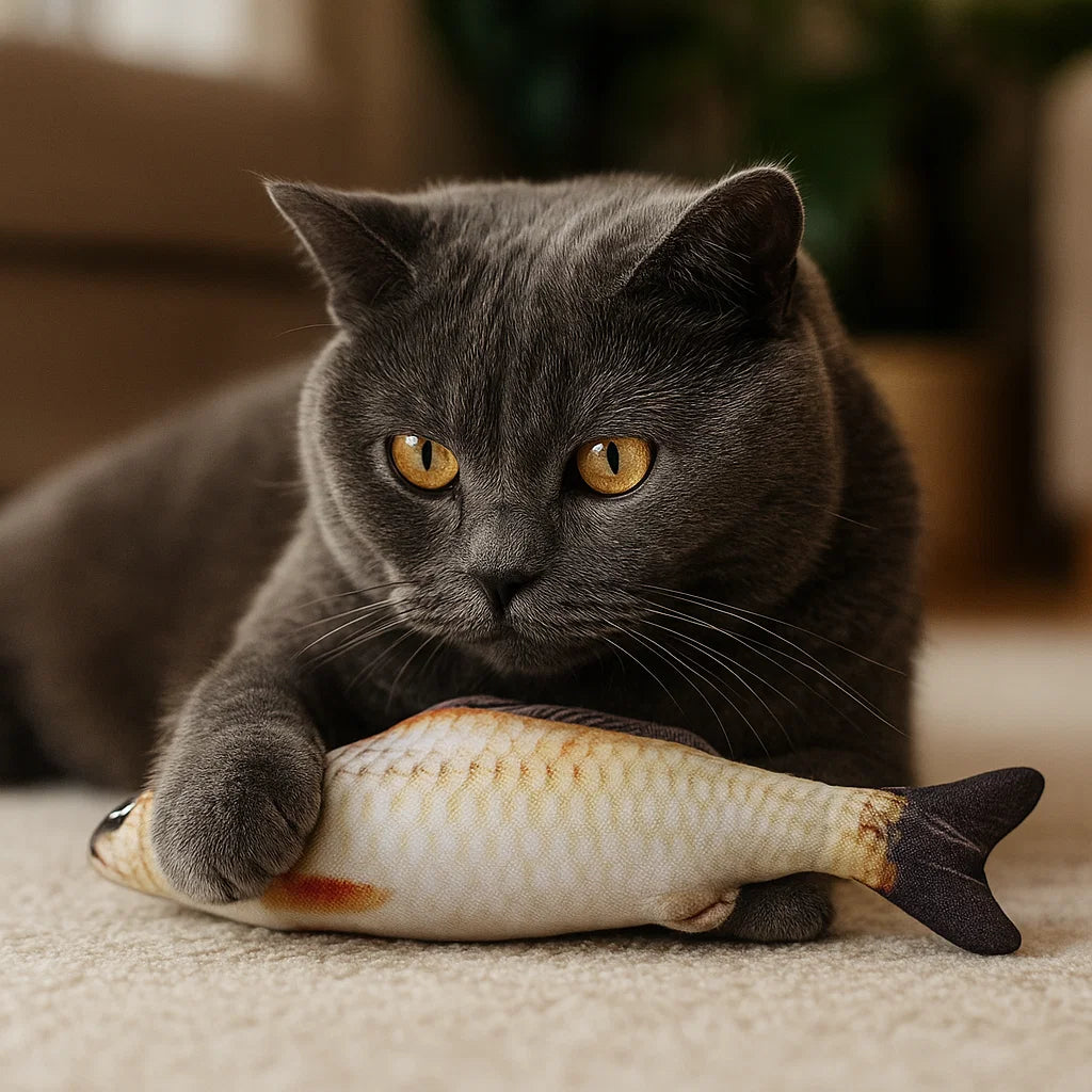 chat jouant avec un jouet poisson Pavllove en peluche