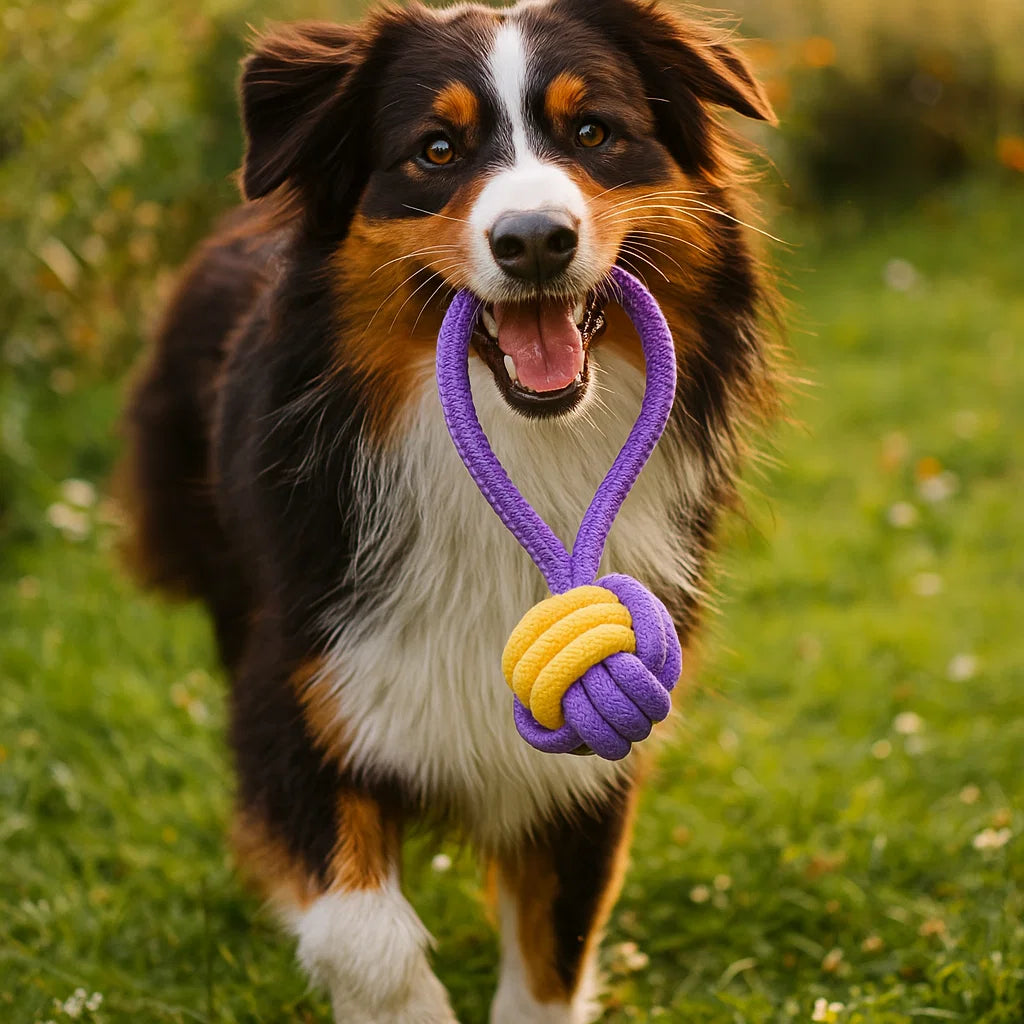 chien jouant avec un jouet corde et boule Pavllove