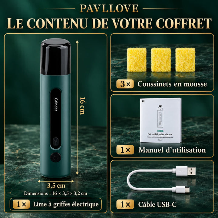 Contenu du coffret PAVLLOVE : lime à griffes électrique, trois coussinets en mousse, manuel et câble USB-C.