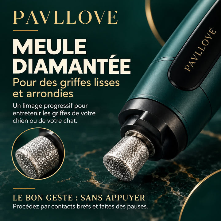 Gros plan sur la meule diamantée de la lime à griffes PAVLLOVE pour lisser et arrondir les griffes.
