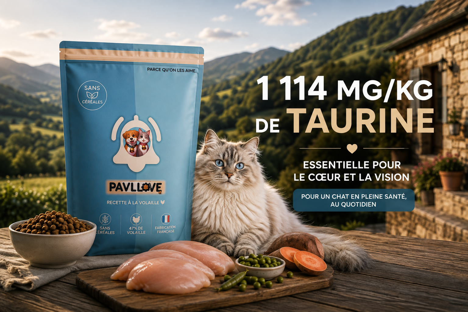 Croquettes pour chat sans céréales avec 1 114 mg/kg de taurine PAVLLOVE
