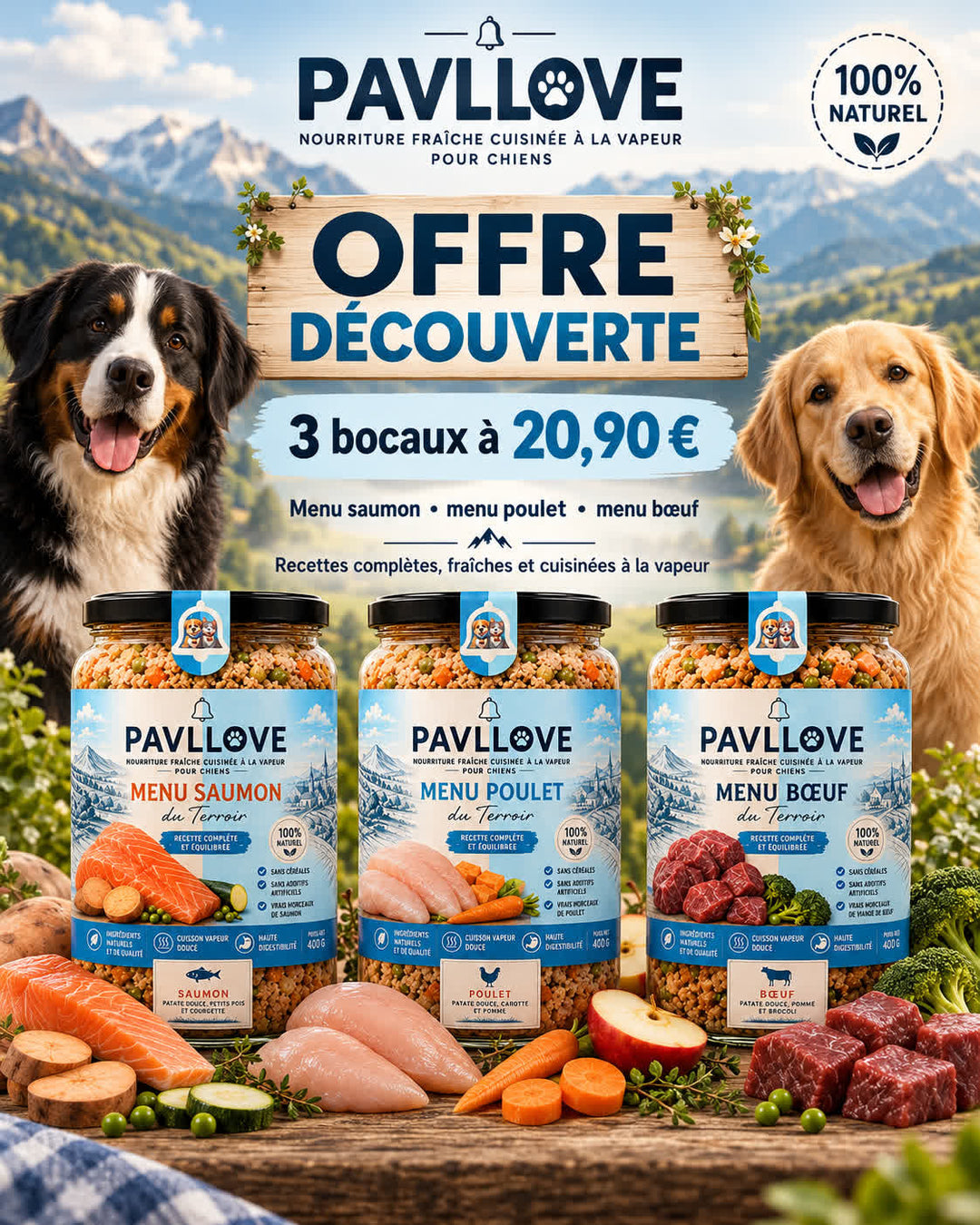 Coffret de repas maison pour chien Pavllove contenant trois bocaux bœuf poulet et saumon