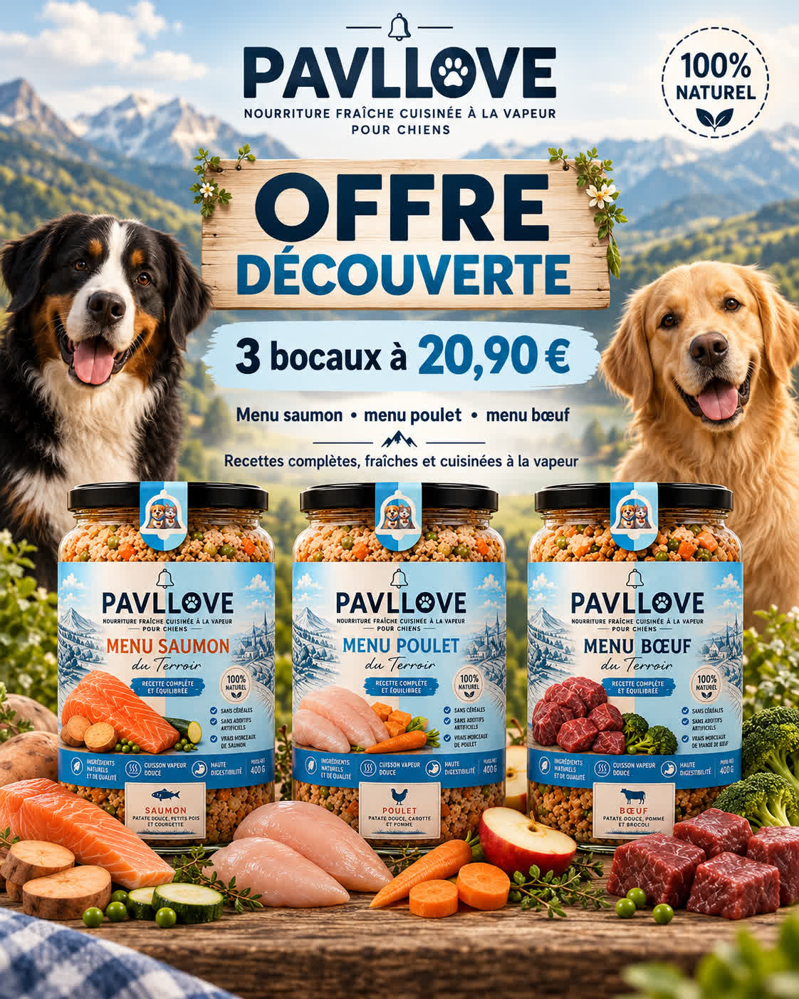 Coffret de repas maison pour chien Pavllove contenant trois bocaux bœuf poulet et saumon