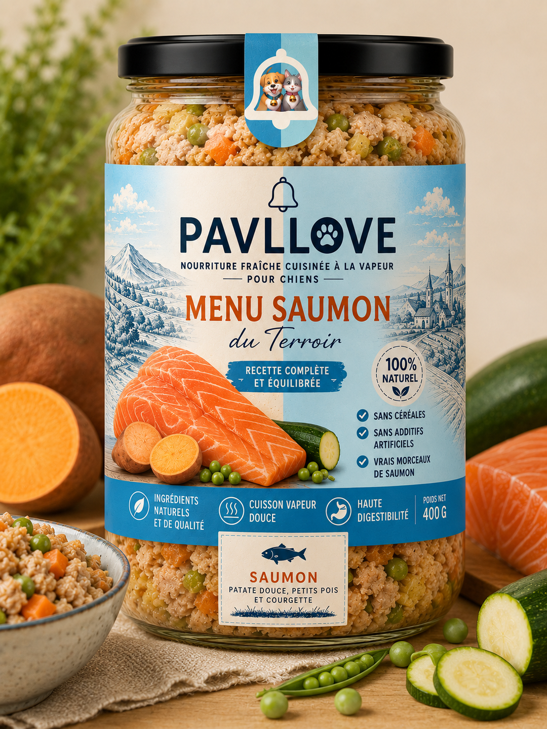 Menu Saumon PAVLLOVE® pour chien, plat cuisiné naturel en bocal refermable avec saumon, légumes et ingrédients de qualité.