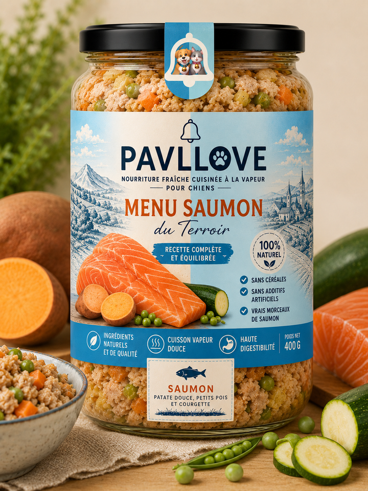 Menu Saumon PAVLLOVE® pour chien, plat cuisiné naturel en bocal refermable avec saumon, légumes et ingrédients de qualité.