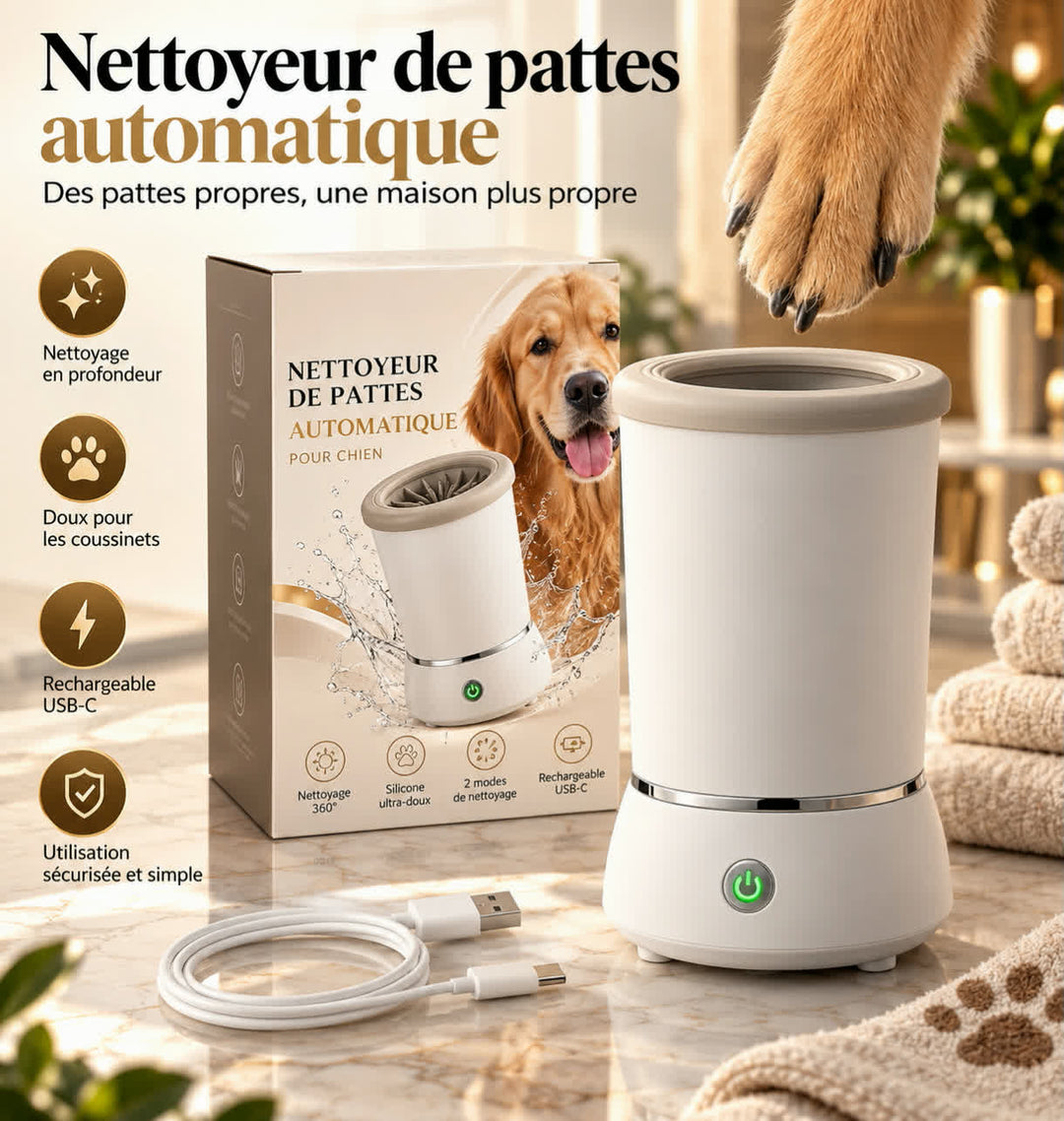 Nettoyeur de pattes automatique pour chien avec rotation 360° et nettoyage rapide après promenade