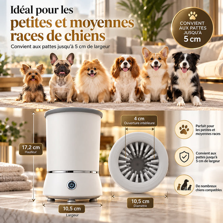 Lave-pattes automatique pour chien après promenade sous la pluie, dans la boue ou sur terrain poussiéreux
