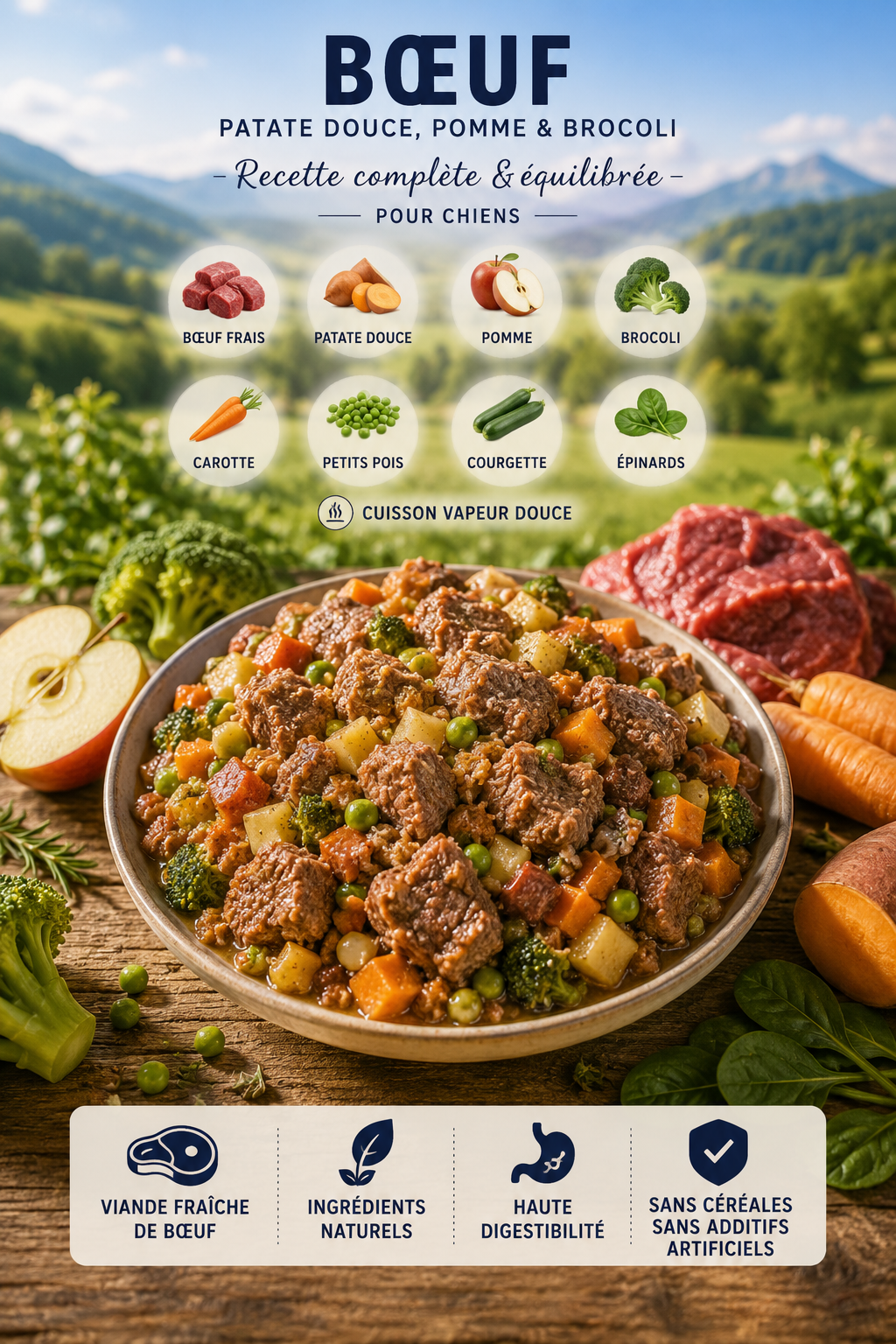 Nourriture fraîche cuisinée pour chien au bœuf, recette complète avec patate douce, pomme et brocoli.