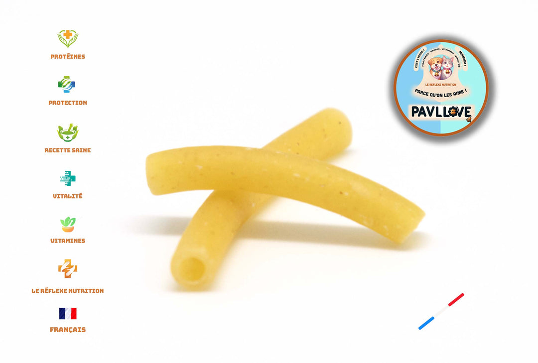 Découvrez les pâtes précuites pour chien, une solution savoureuse et pratique pour offrir à votre compagnon à quatre pattes une alimentation équilibrée et délicieuse. Ces pâtes sont spécialement conçues pour répondre aux besoins nutritionnels de votre chien tout en simplifiant votre quotidien car elles sont déjà prêtes à être consommées (10 min dans de l'eau chaude et votre chien adorer!) 