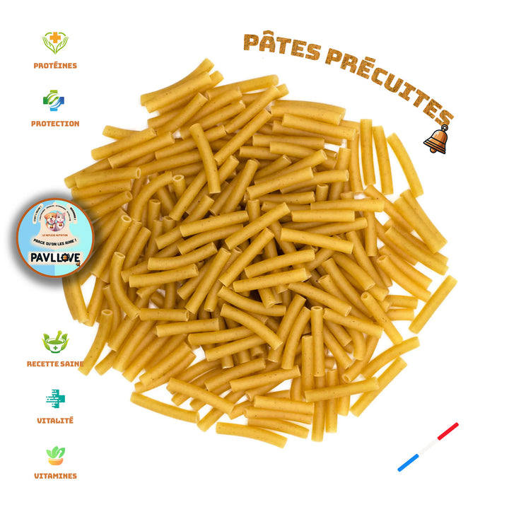 Découvrez les pâtes précuites pour chien, une solution savoureuse et pratique pour offrir à votre compagnon à quatre pattes une alimentation équilibrée et délicieuse. Ces pâtes sont spécialement conçues pour répondre aux besoins nutritionnels de votre chien tout en simplifiant votre quotidien car elles sont déjà prêtes à être consommées (10 min dans de l'eau chaude et votre chien adorer!) 