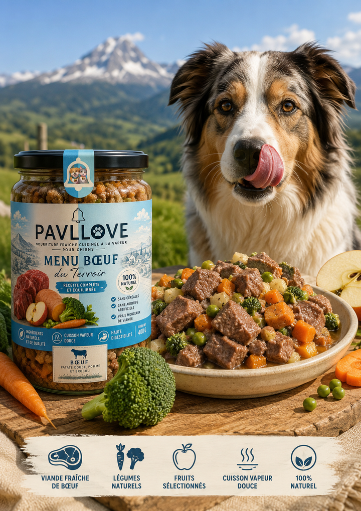 Repas complet au bœuf pour chien avec patate douce, pomme et brocoli, cuisson vapeur douce PAVLLOVE®.