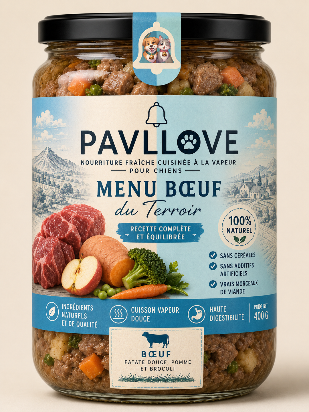 Plat cuisiné au bœuf pour chien PAVLLOVE® 400 g, aliment complet premium sans céréales à la viande fraîche.