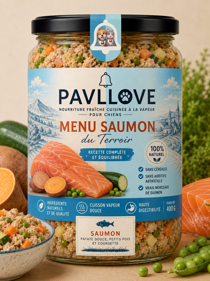 Plat cuisiné pour chien au saumon PAVLLOVE® 400 g, aliment complet premium sans céréales avec vrais morceaux de saumon et légumes.