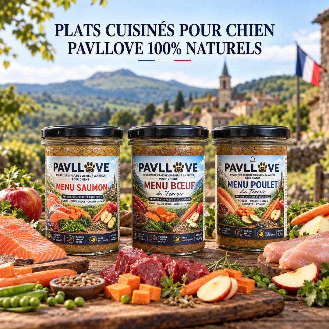 Coffret découverte PAVLLOVE de 3 bocaux de plats cuisinés pour chien de 400 g, assortiment bœuf, poulet et saumon, repas préparés pour chiens.