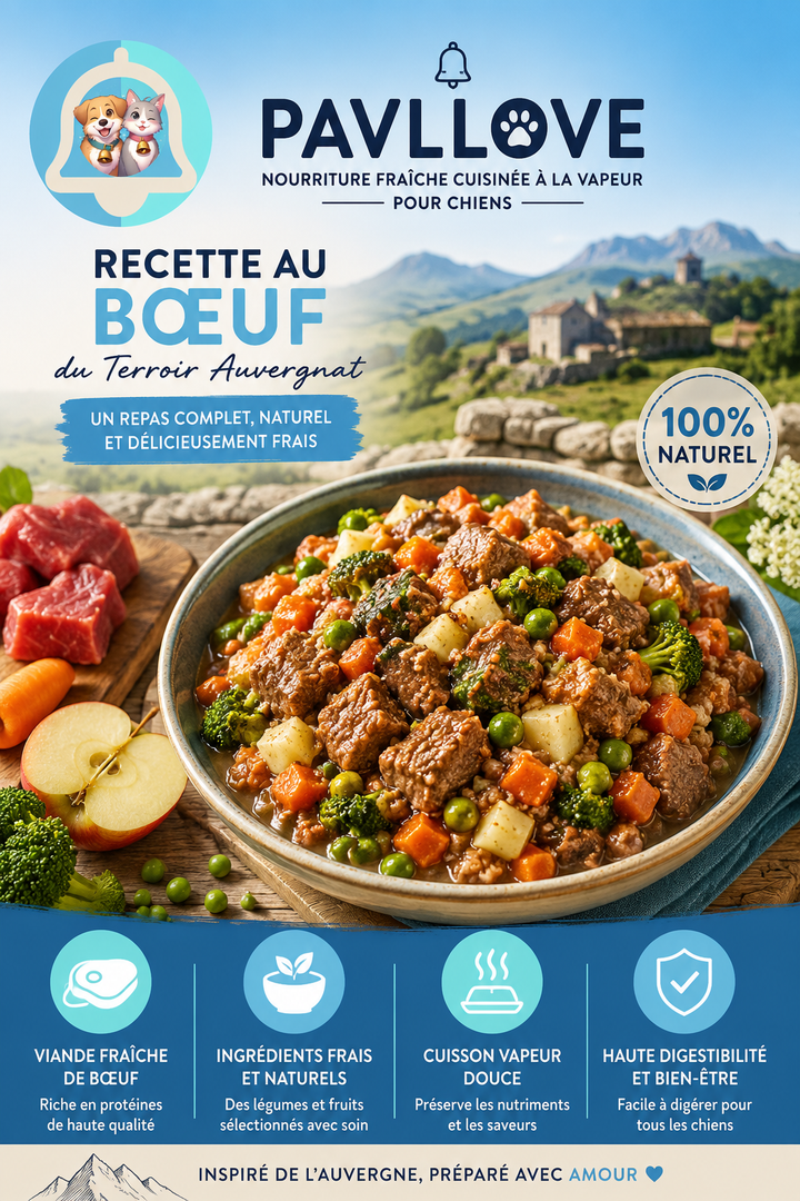 Nourriture naturelle pour chien au bœuf, recette complète riche en viande fraîche et légumes.