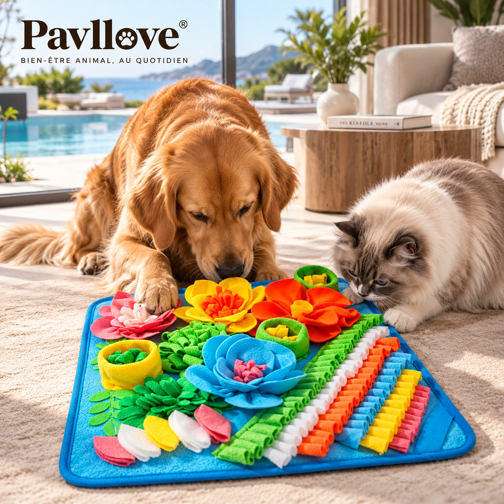 Tapis de reniflement pour chien avec fleurs en tissu et zones de recherche