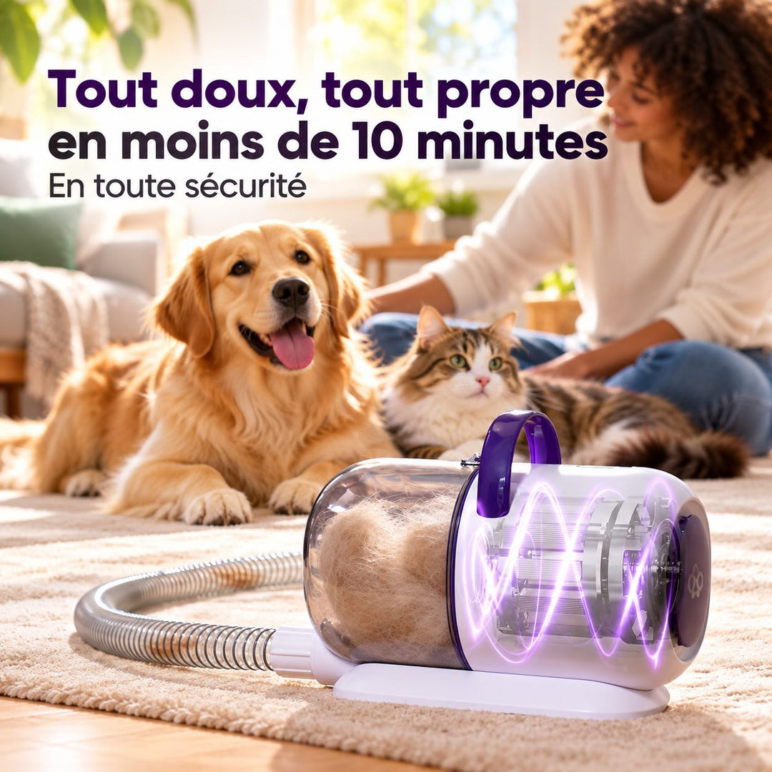 Chat à poils longs toiletté avec une brosse aspirante pour chat PAVLLOVE® à faible bruit, conçue pour retirer les poils morts tout en limitant leur dispersion dans la maison.