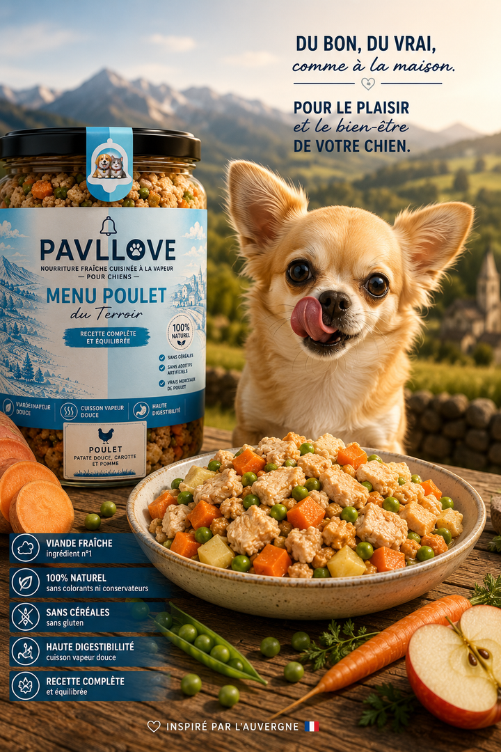 Repas pour chien élaboré avec de la viande fraîche de poulet, légumes soigneusement sélectionnés et cuisson vapeur douce.